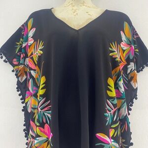 Xhilaration Black Blouse with Vibrant Leaf Patterns
